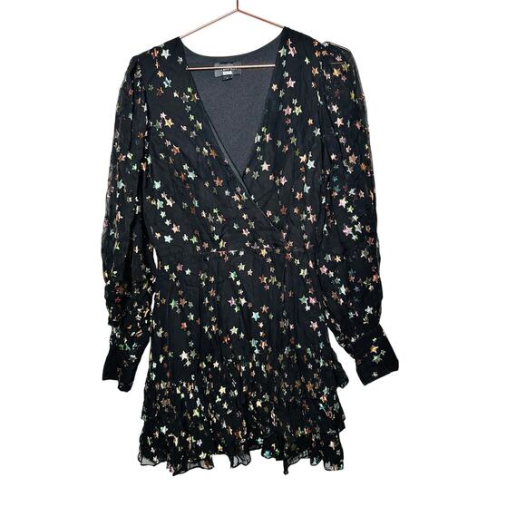YUMI KIM Black Chiffon Metallic Star Print Blouson Sleeves Scarlett Star Dress 8 - Picture 5 of 15